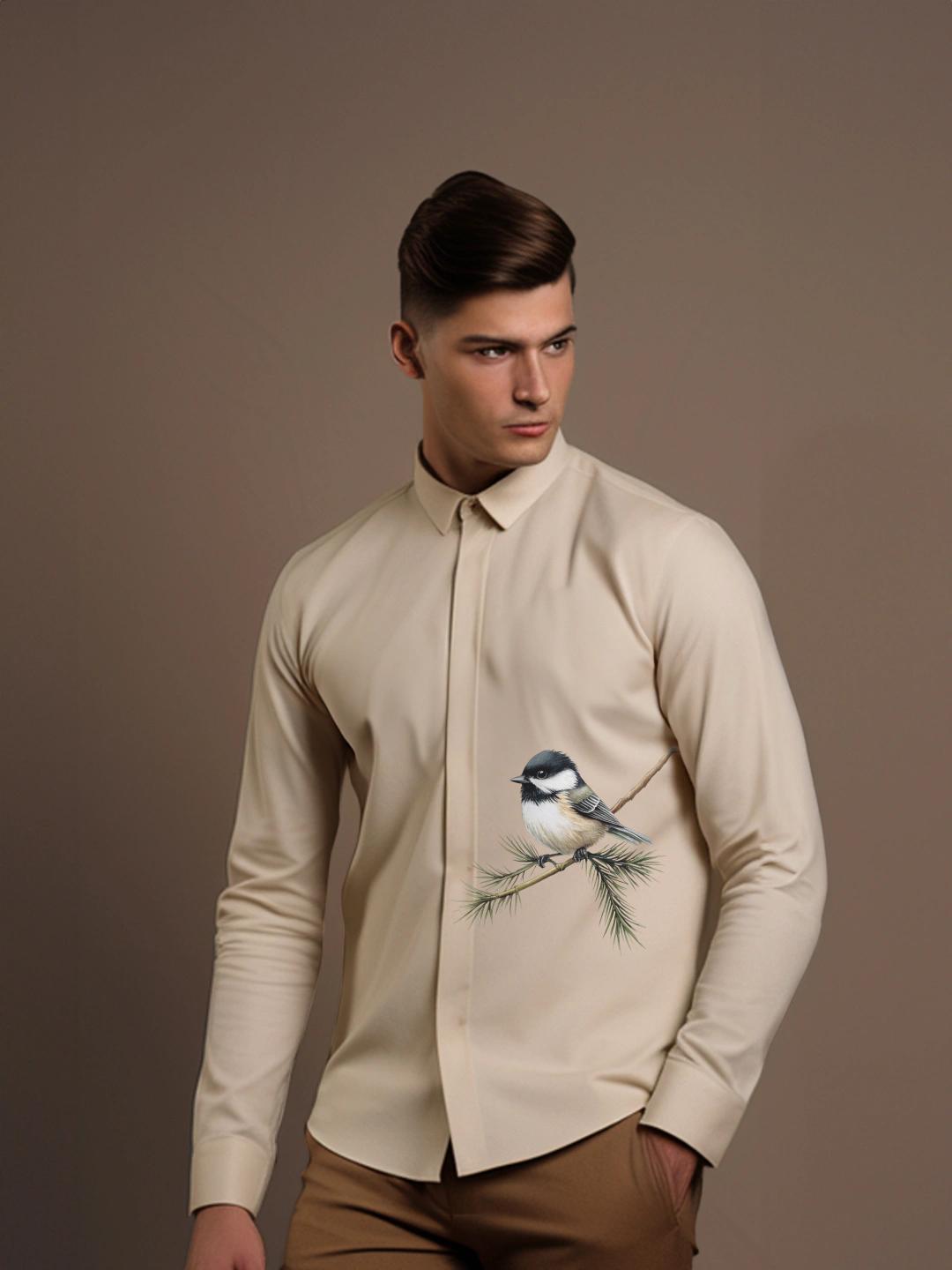 Cream Printed Casual Designer Shirt For Men by HE SPOKE