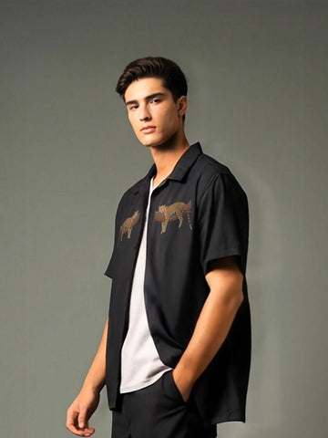 Black Animal Printed Casual Designer Shirt For Men by HE SPOKE