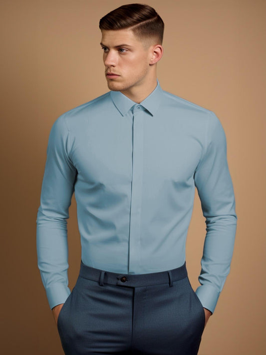 Blue Solid Formal Designer Shirt For Men by HE SPOKE