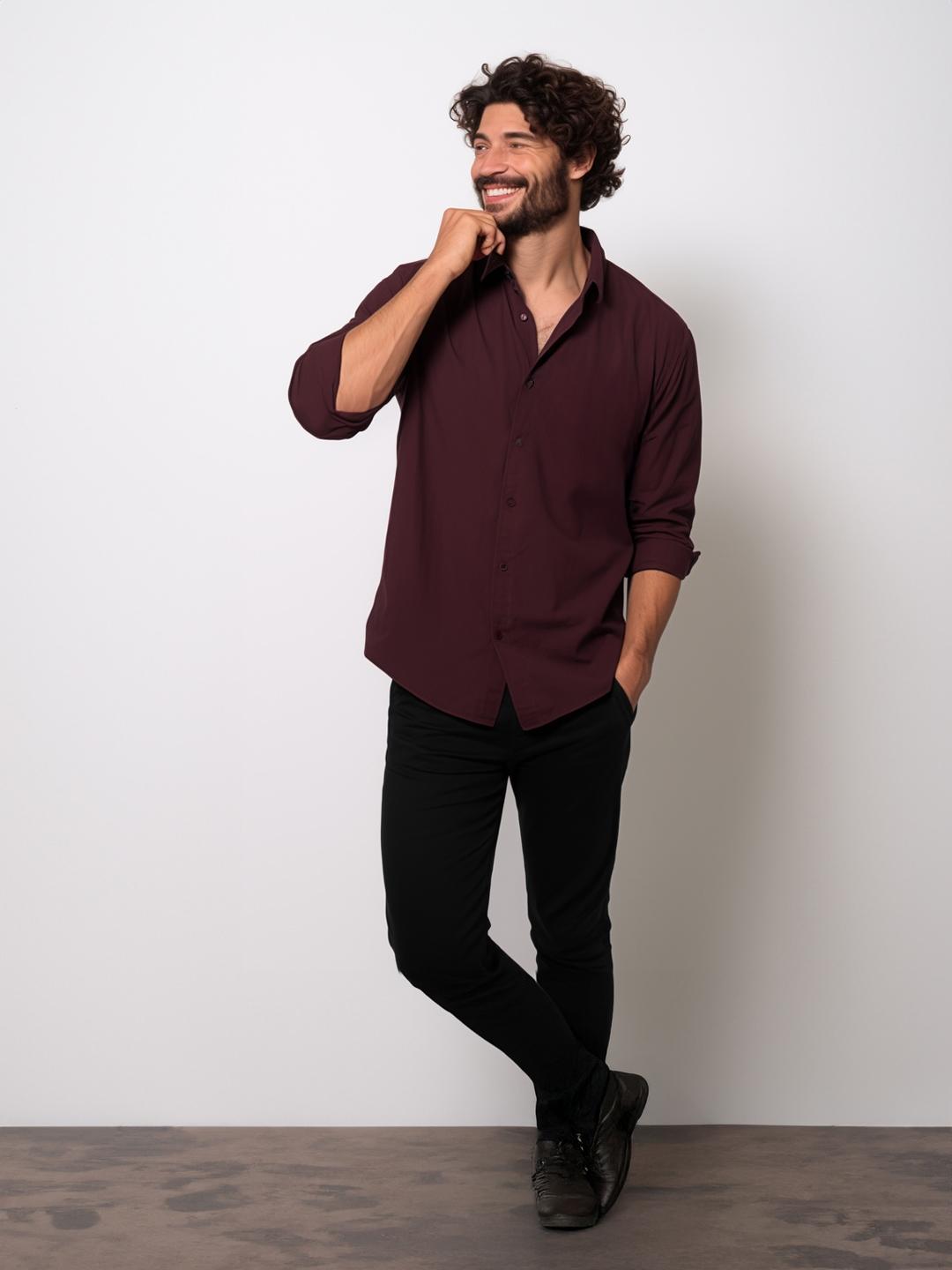 Burgundy Casual Tailored Fit Cotton Shirt For Men by HE SPOKE Burgundy Casual Tailored Fit Cotton Shirt For Men by HE SPOKE