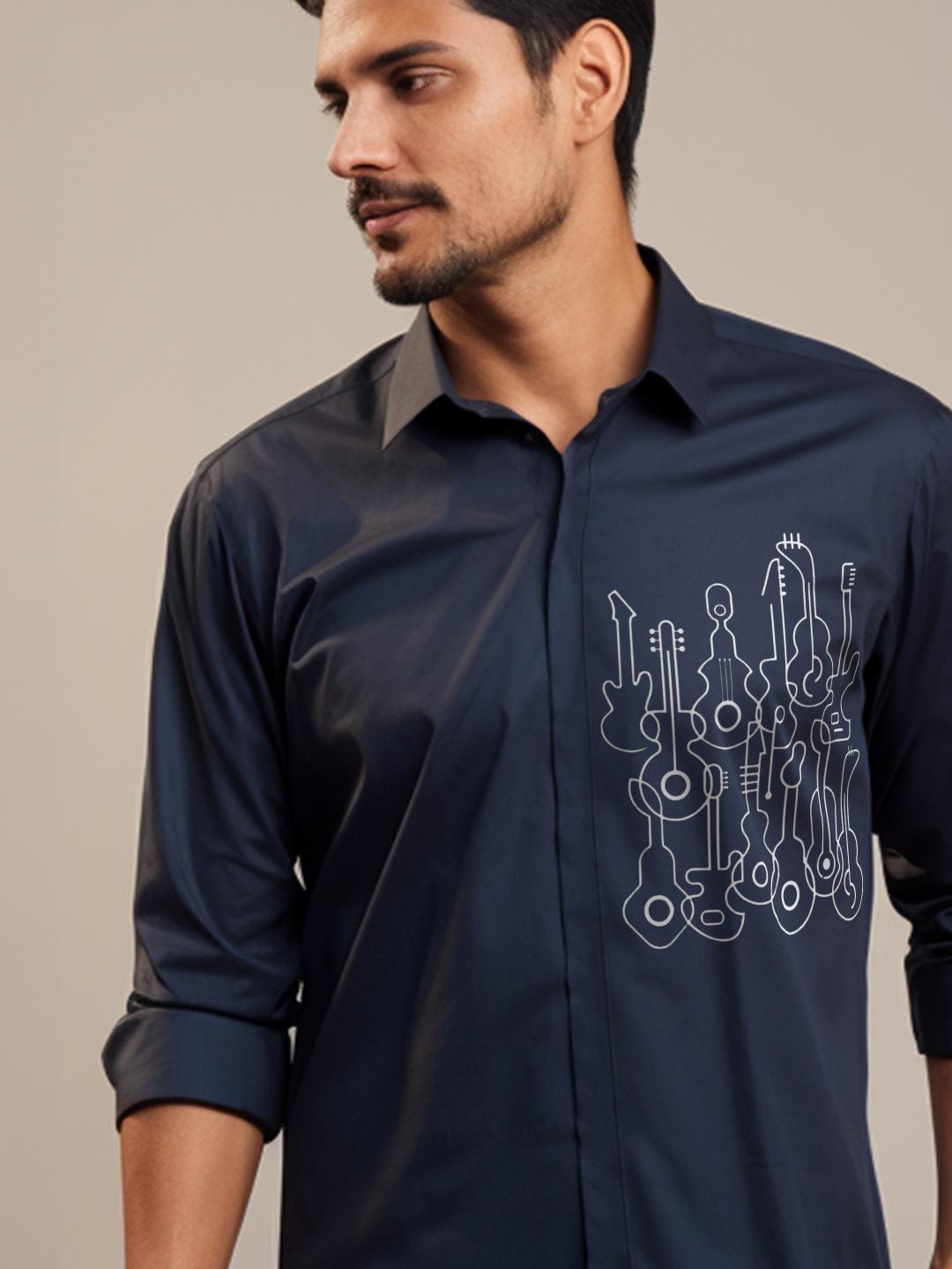 Navy Conversational Printed Casual Designer Shirt For Men by HE SPOKE