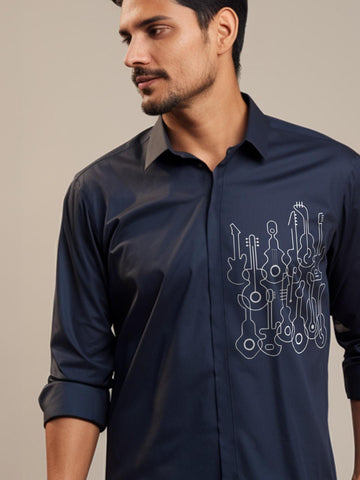 Navy Conversational Printed Casual Designer Shirt For Men by HE SPOKE