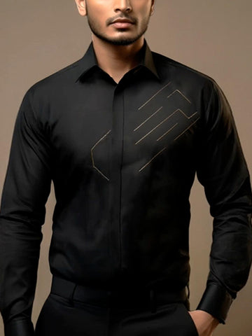 Black Geometric Embroidered Party Designer Shirt For Men by HE SPOKE