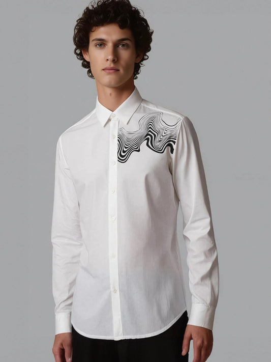 White Abstract Printed Casual Designer Shirt For Men by HE SPOKE
