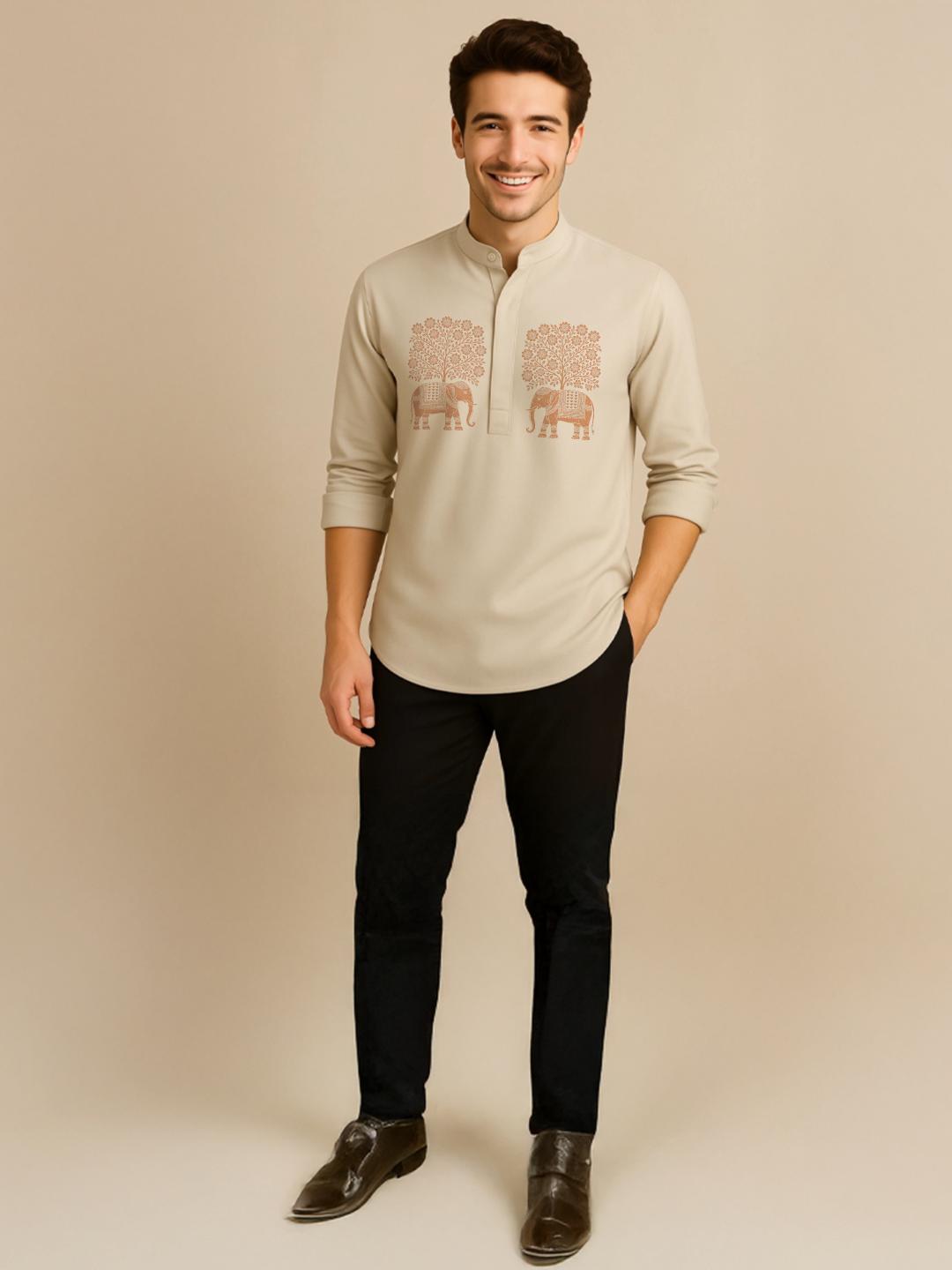 Cream Animal Printed Daily Designer Kurta For Men by HE SPOKE
