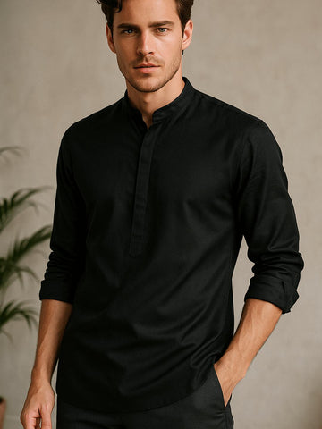 Black Solid Daily Designer Kurta For Men by HE SPOKE