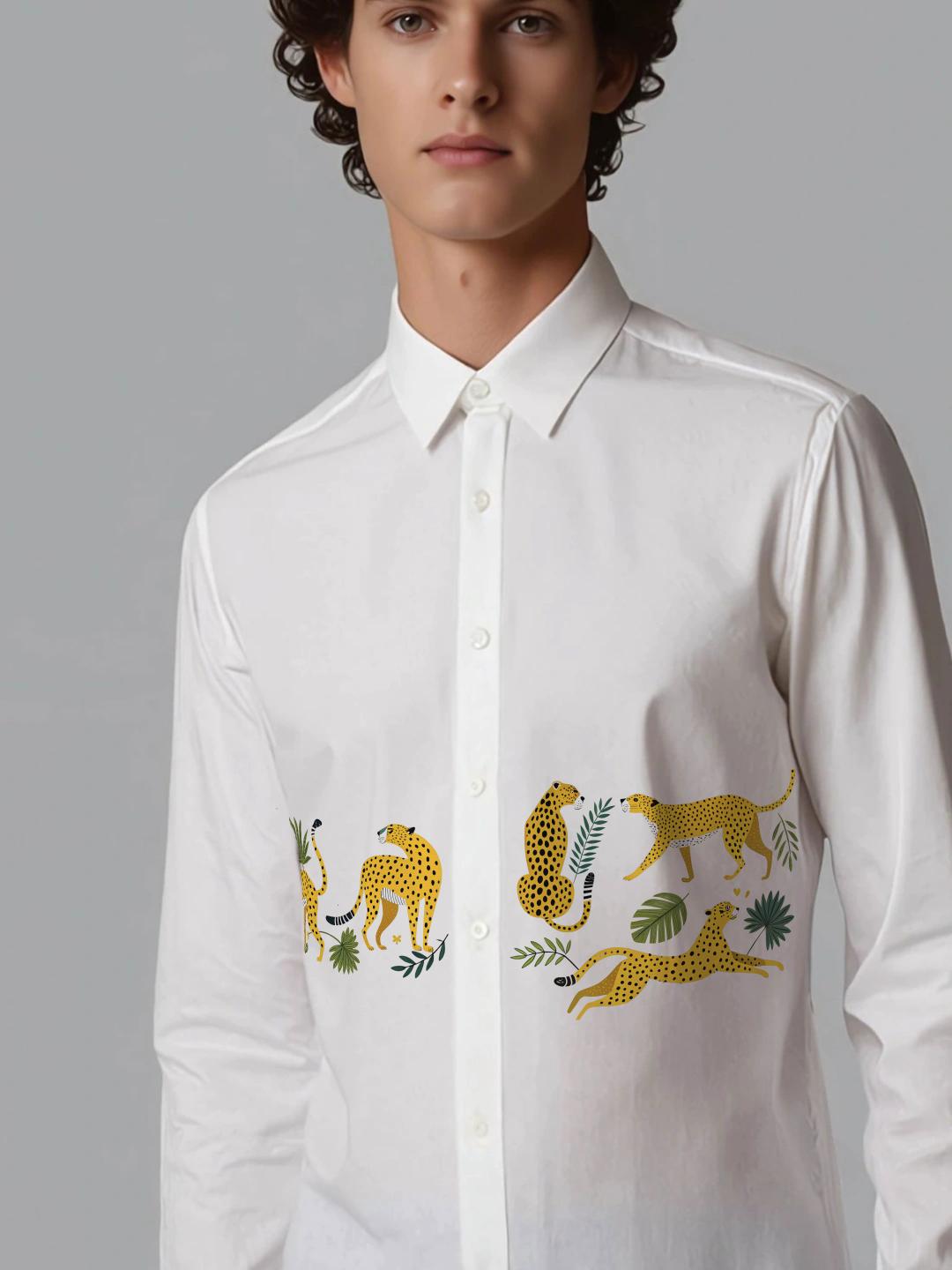 White Animal Printed Casual Designer Shirt For Men by HE SPOKE