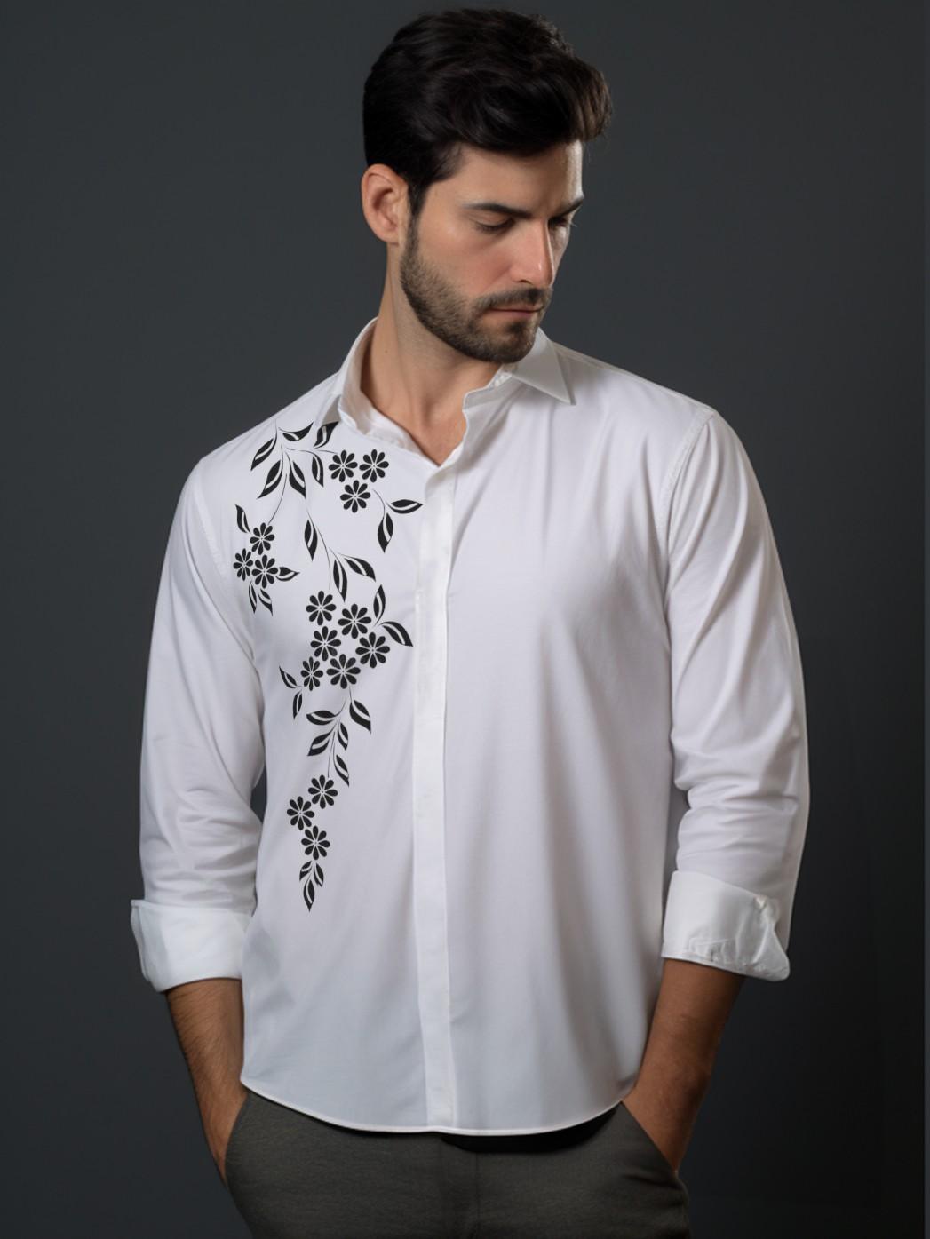 White Floral Printed Casual Designer Shirt For Men by HE SPOKE