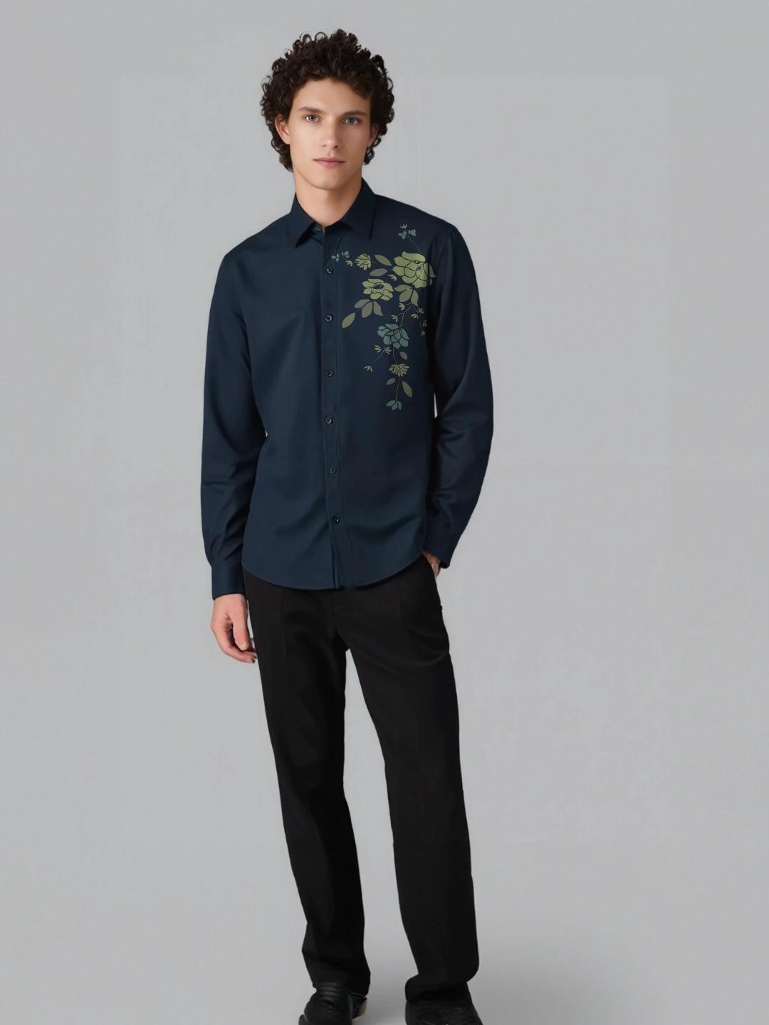 Navy Floral Printed Casual Designer Shirt For Men by HE SPOKE