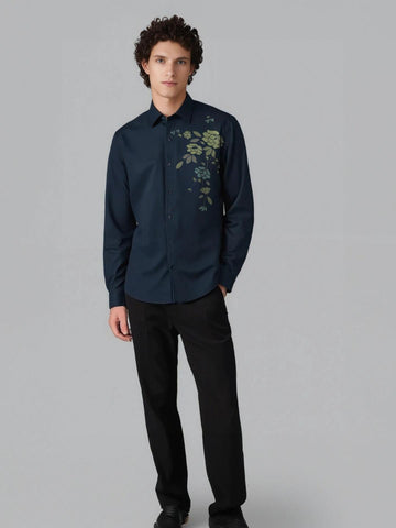Navy Floral Printed Casual Designer Shirt For Men by HE SPOKE