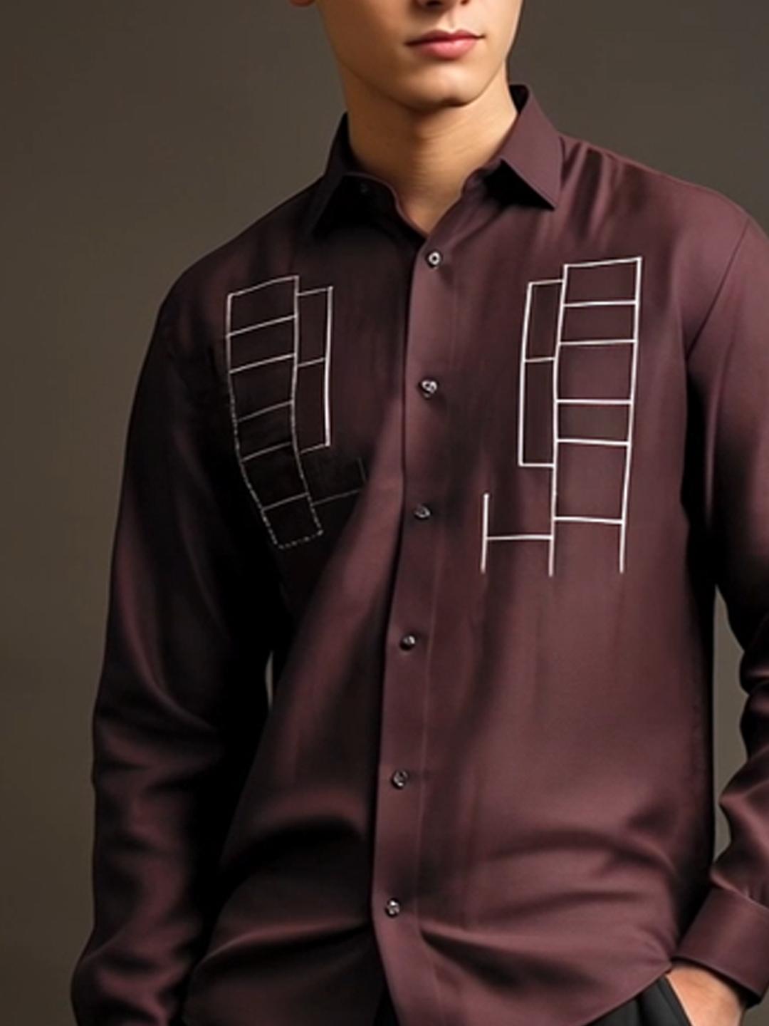 Burgundy Geometric Embroidered Smart Casual Designer Shirt For Men by HE SPOKE