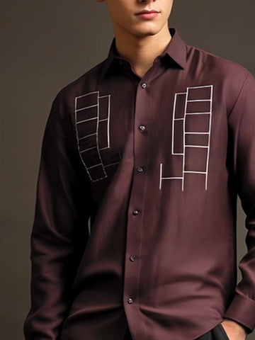 Burgundy Geometric Embroidered Smart Casual Designer Shirt For Men by HE SPOKE
