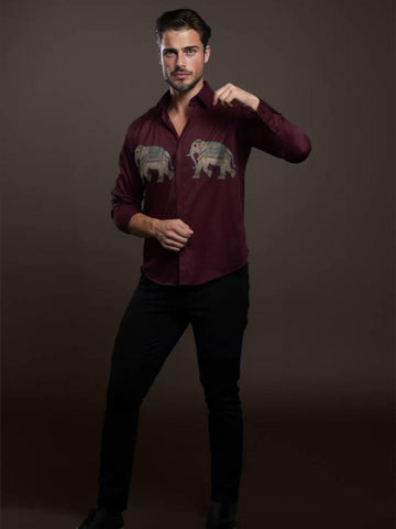 Burgundy Animal Printed Casual Designer Shirt For Men by HE SPOKE