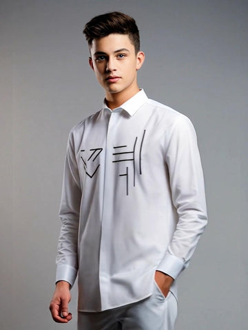 White Geometric Embroidered Party Designer Shirt For Men by HE SPOKE