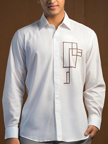 White Geometric Embroidered Casual Designer Shirt For Men by HE SPOKE
