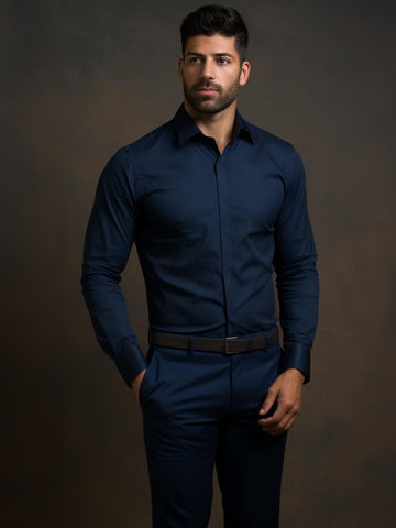 Navy Solid Formal Designer Shirt For Men by HE SPOKE