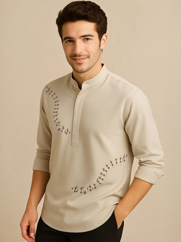 Cream Ethnic Motifs Printed Daily Designer Kurta For Men by HE SPOKE