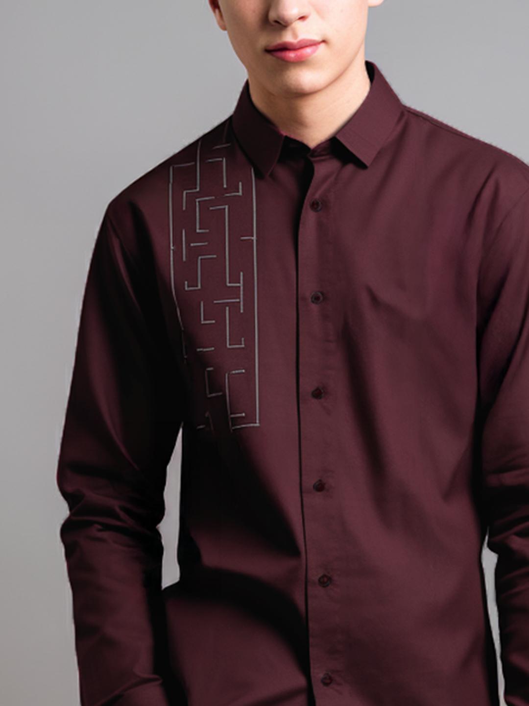 Burgundy Geometric Embroidered Smart Casual Designer Shirt For Men by HE SPOKE