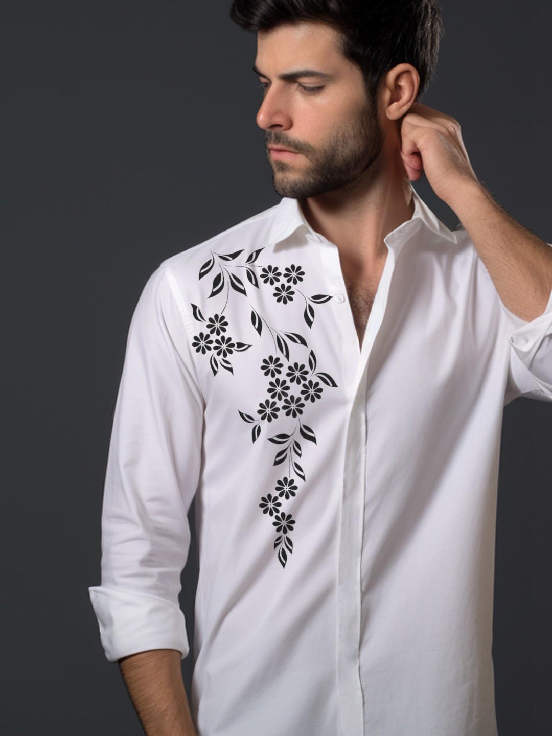 White Floral Printed Casual Designer Shirt For Men by HE SPOKE