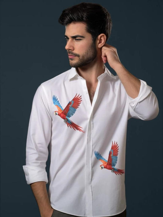 White Conversational Printed Casual Designer Shirt For Men by HE SPOKE