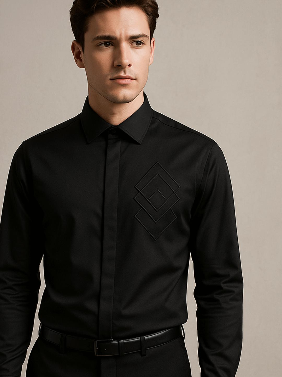 Black Geometric Embroidered Party Designer Shirt For Men by HE SPOKE
