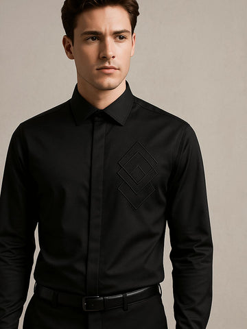 Black Geometric Embroidered Party Designer Shirt For Men by HE SPOKE