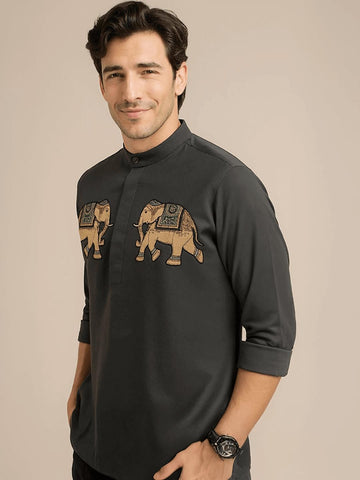 Grey Animal Printed Daily Designer Kurta For Men by HE SPOKE