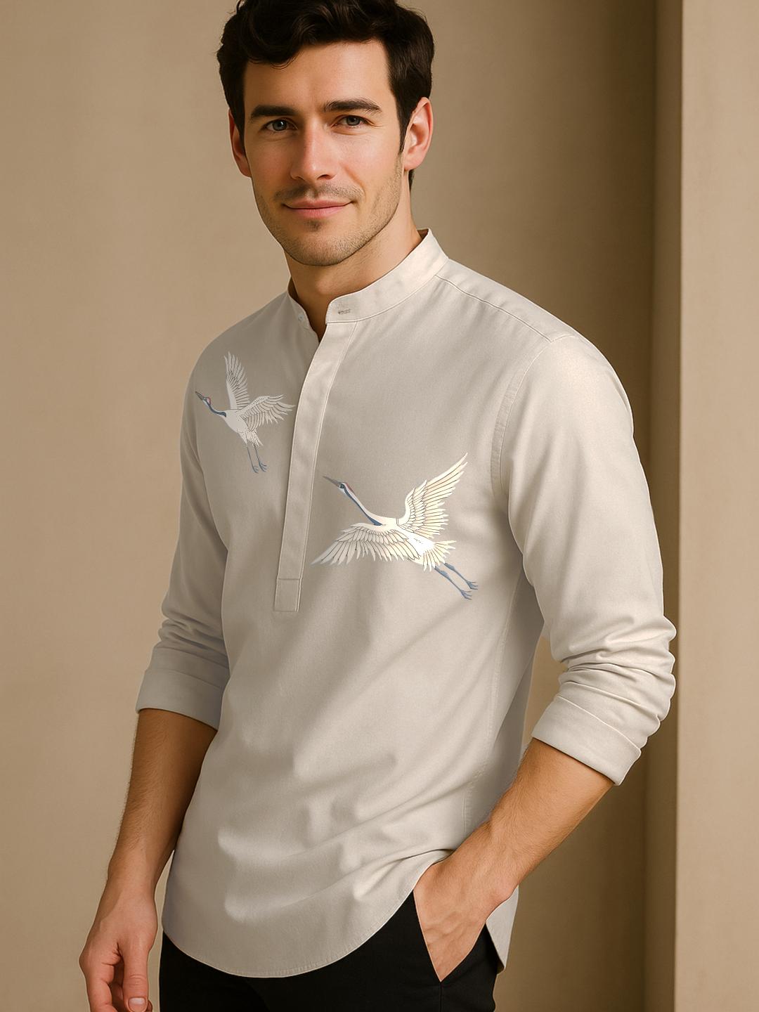 Cream Printed Daily Designer Kurta For Men by HE SPOKE