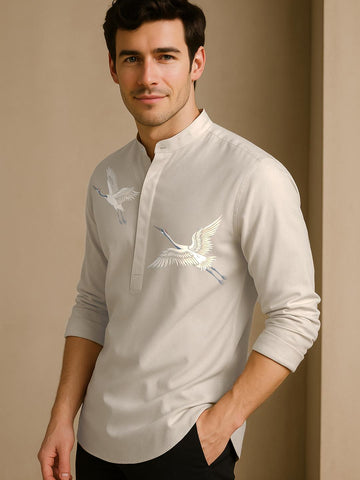 Cream Printed Daily Designer Kurta For Men by HE SPOKE