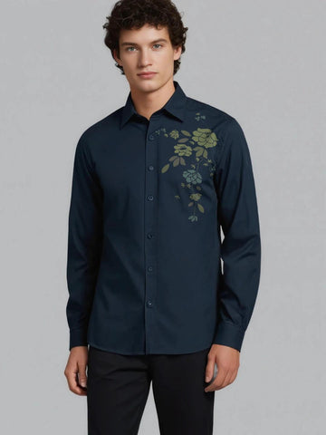 Navy Floral Printed Casual Designer Shirt For Men by HE SPOKE