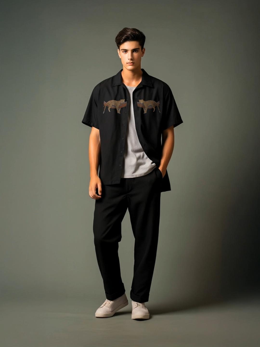 Black Animal Printed Casual Designer Shirt For Men by HE SPOKE