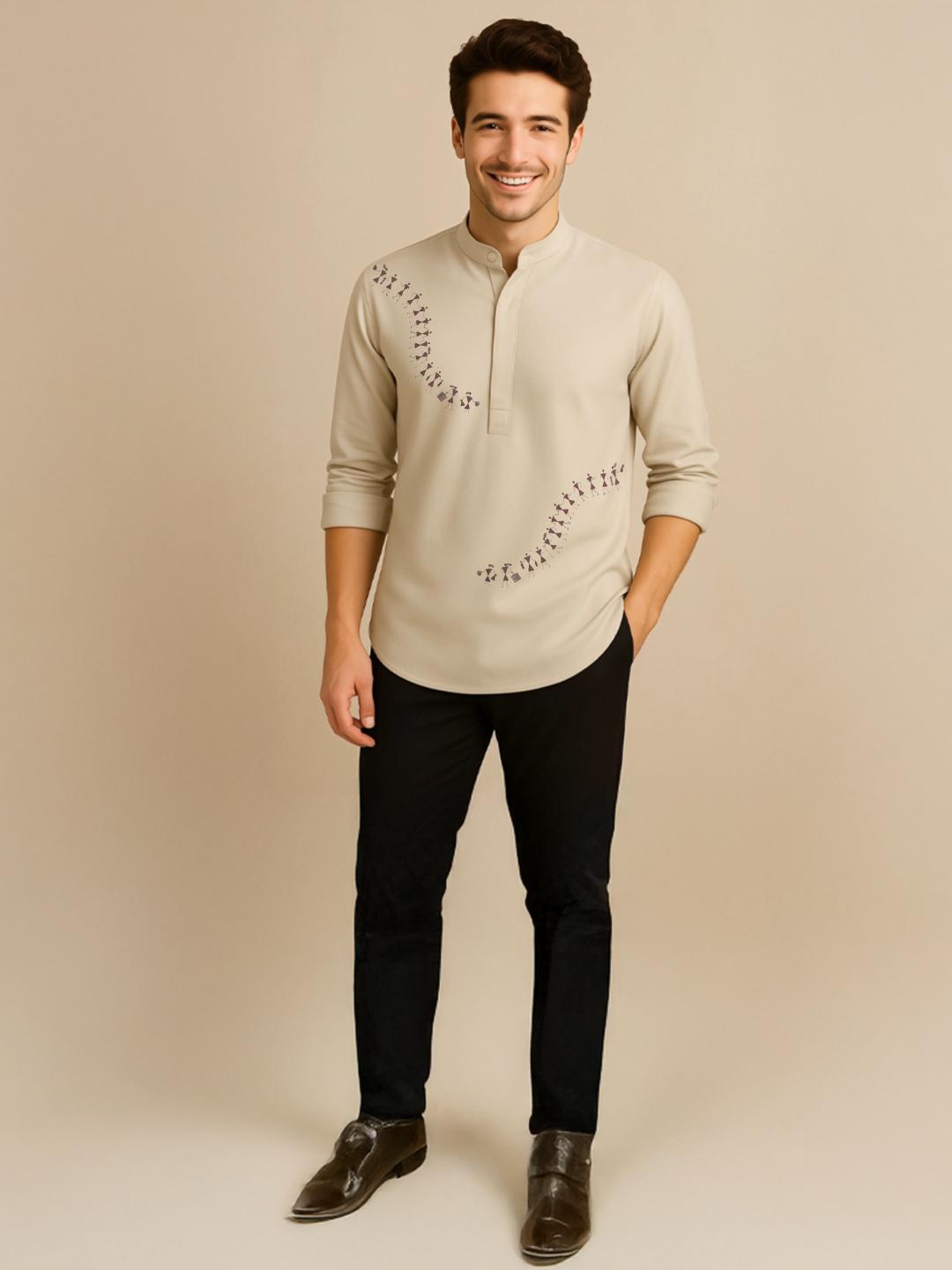 Cream Ethnic Motifs Printed Daily Designer Kurta For Men by HE SPOKE