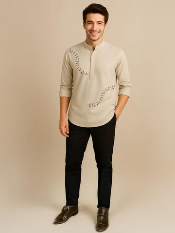 Cream Ethnic Motifs Printed Daily Designer Kurta For Men by HE SPOKE