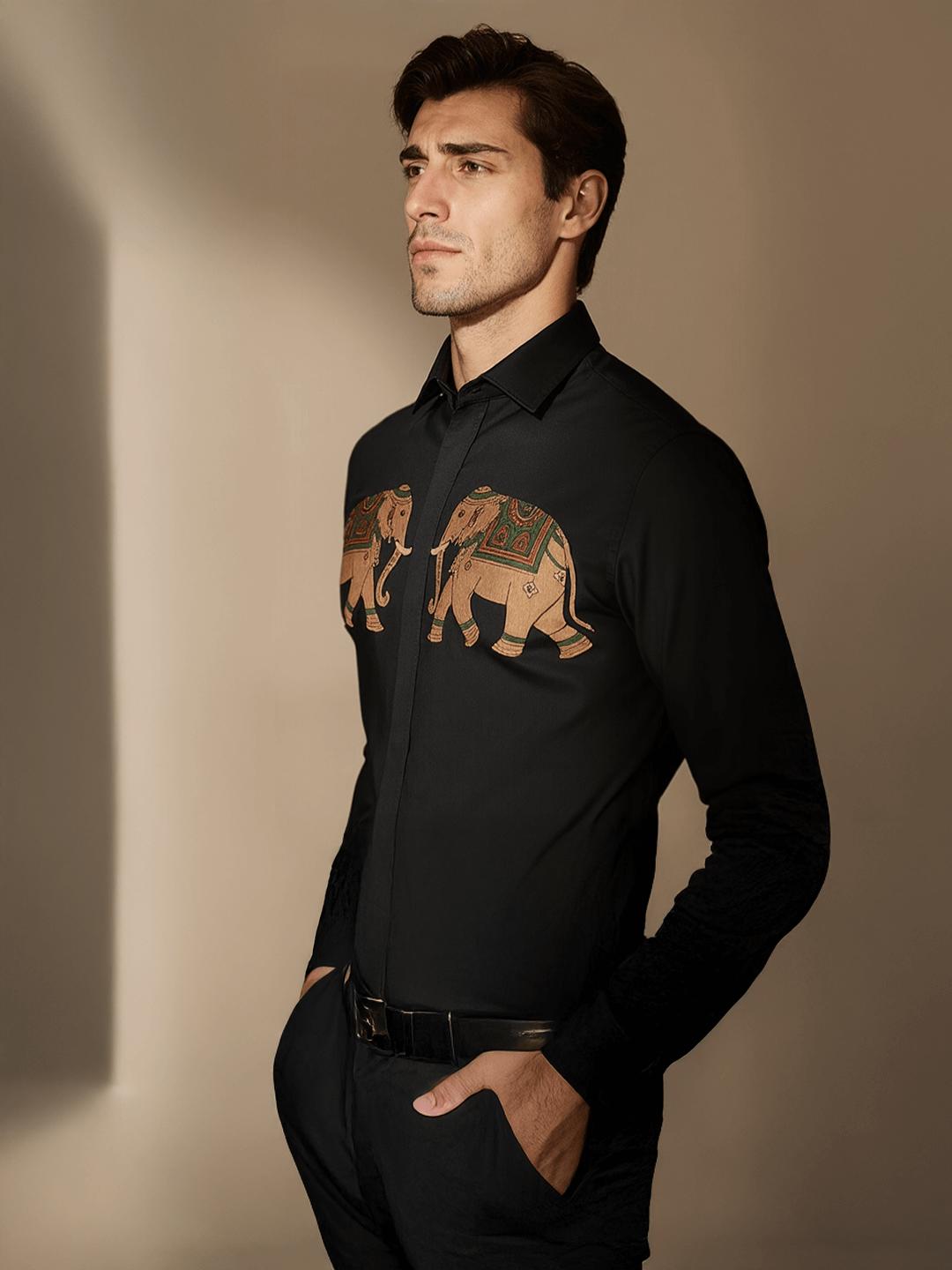 Black Animal Printed Party Designer Shirt For Men by HE SPOKE