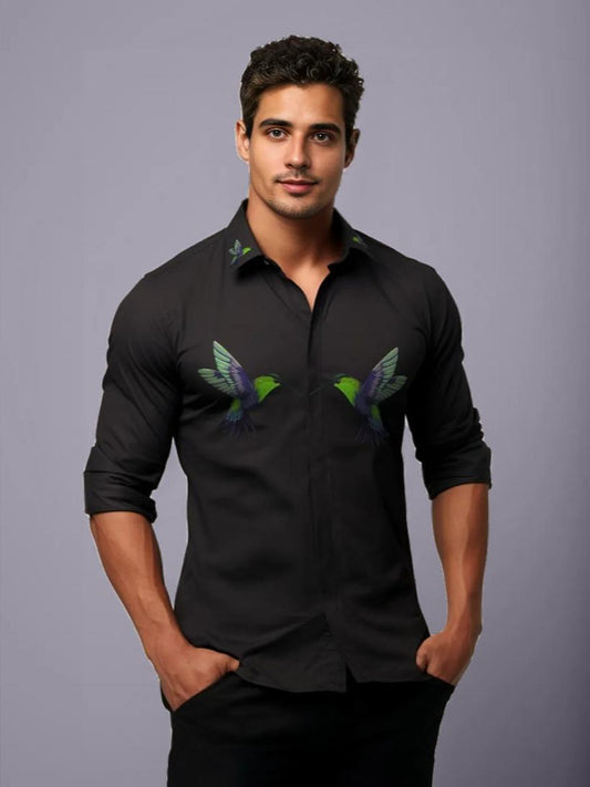 Black Printed Casual Designer Shirt For Men by HE SPOKE