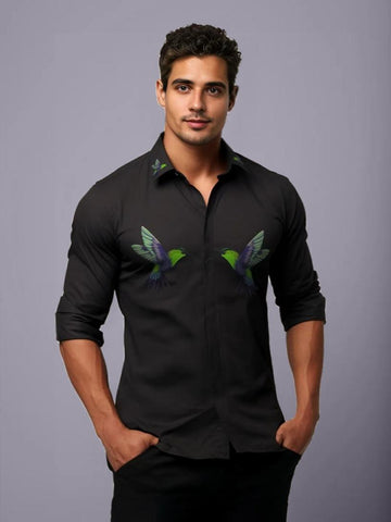Black Printed Casual Designer Shirt For Men by HE SPOKE
