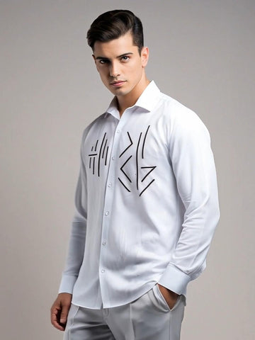 White Geometric Embroidered Casual Designer Shirt For Men by HE SPOKE