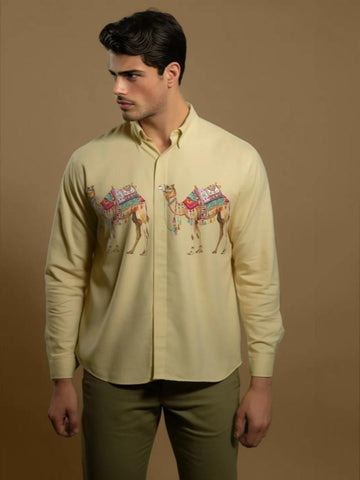 Cream Animal Printed Casual Designer Shirt For Men by HE SPOKE