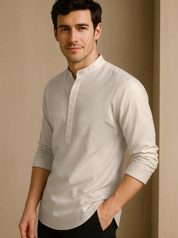 Cream Solid Daily Designer Kurta For Men by HE SPOKE