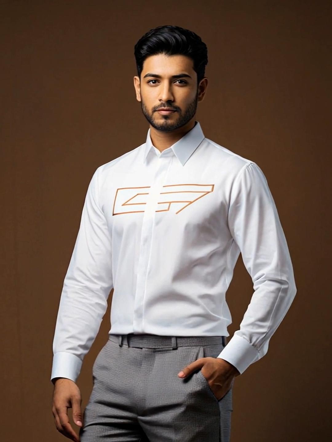 White Geometric Embroidered Party Designer Shirt For Men by HE SPOKE