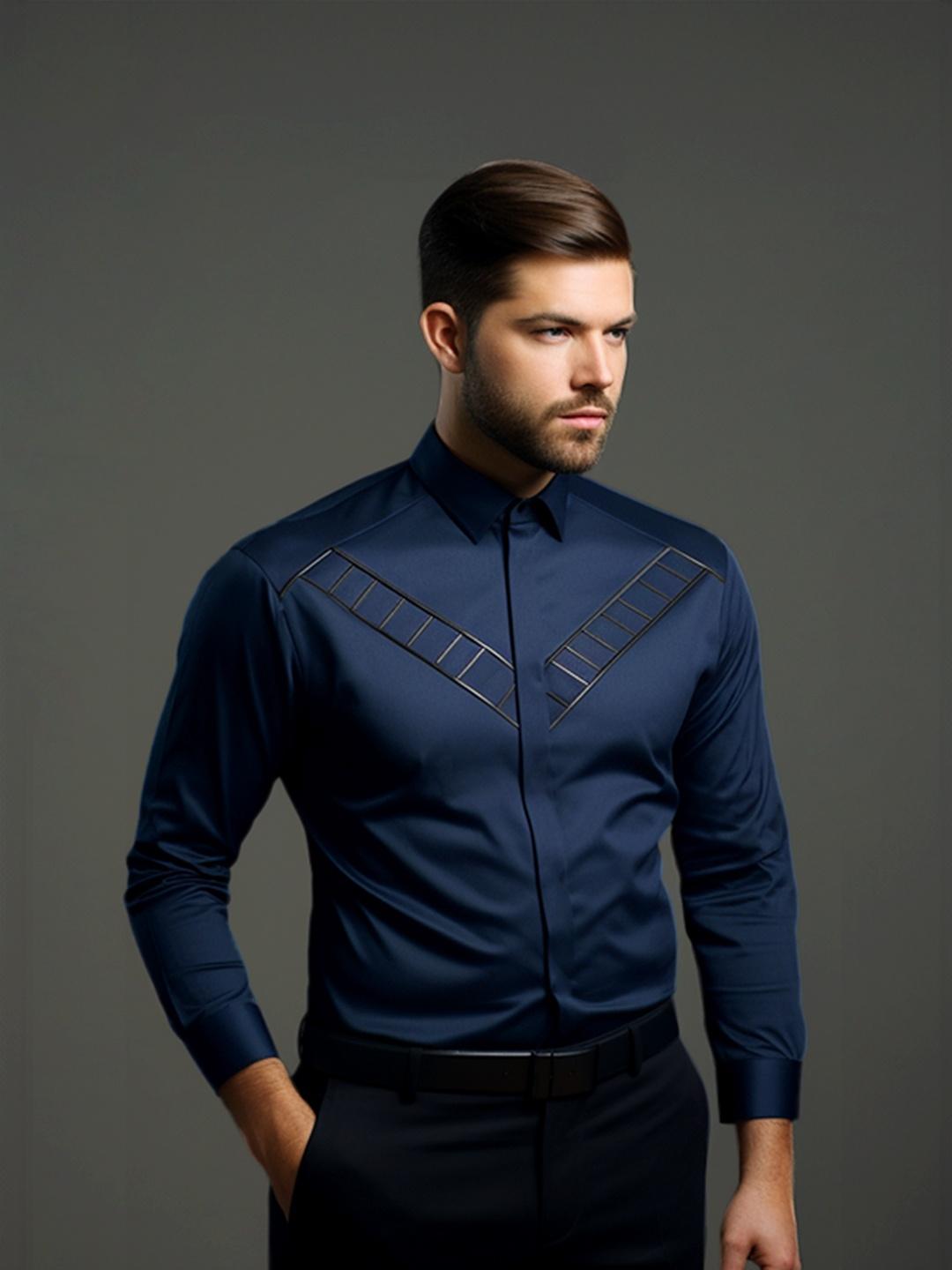 Navy Geometric Cord Party Designer Shirt For Men by HE SPOKE