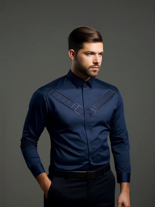 Navy Geometric Cord Party Designer Shirt For Men by HE SPOKE