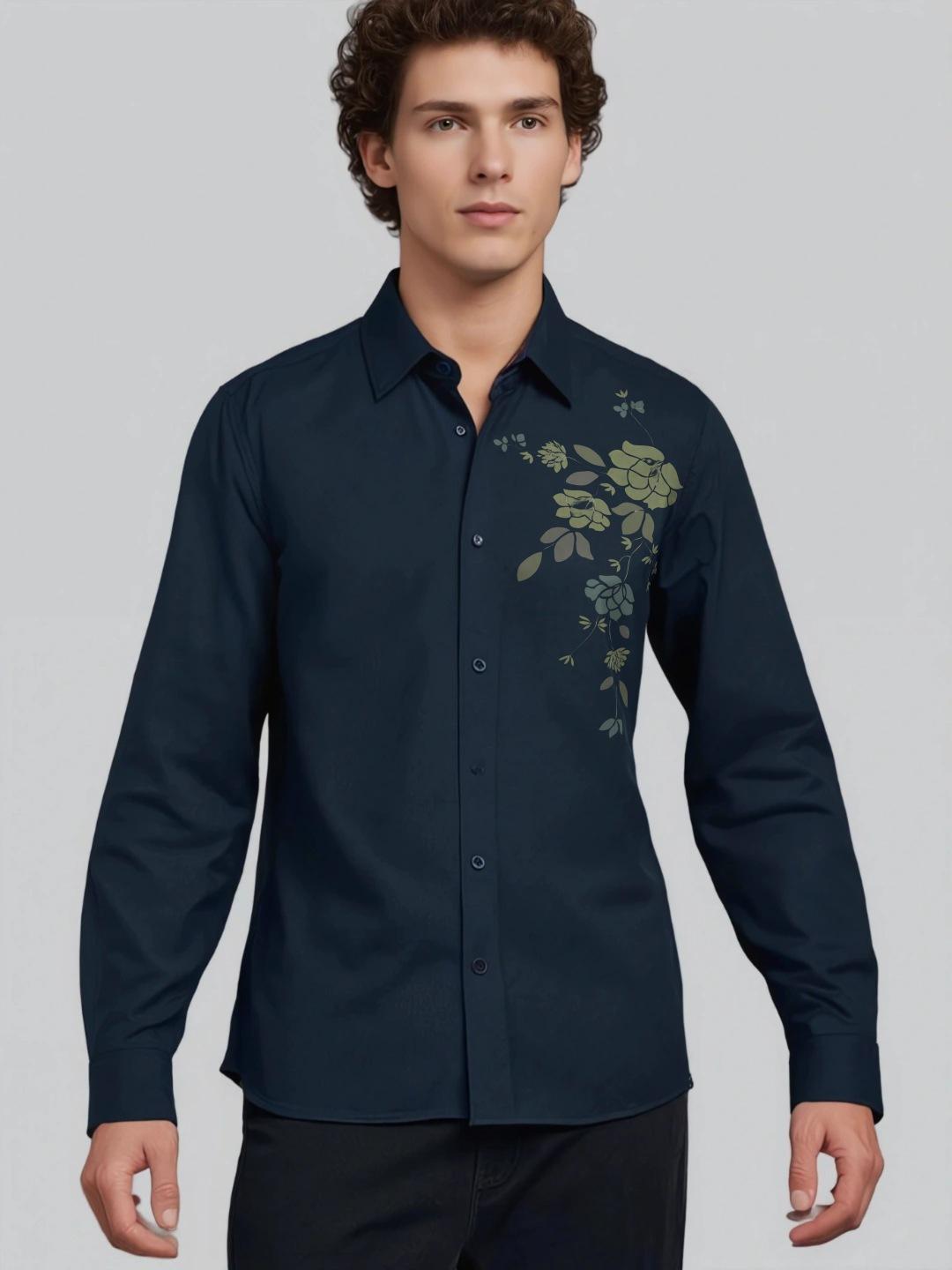 Navy Floral Printed Casual Designer Shirt For Men by HE SPOKE