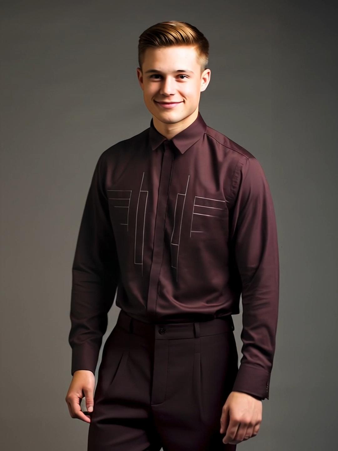 Burgundy Geometric Embroidered Party Designer Shirt For Men by HE SPOKE