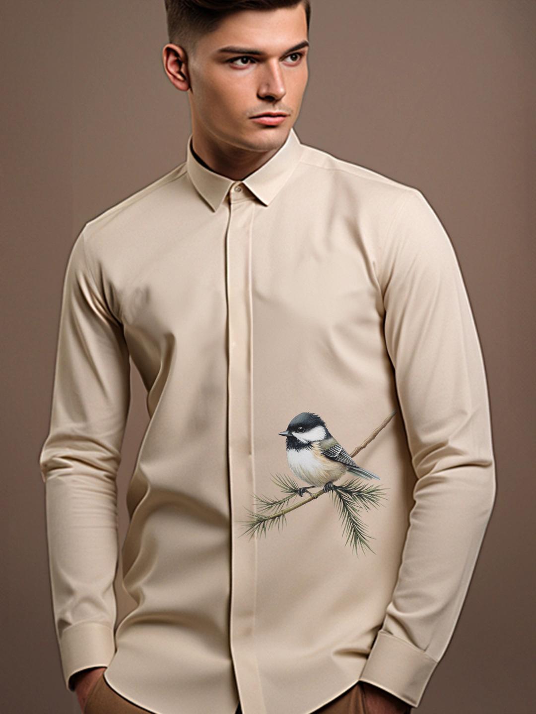 Cream Printed Casual Designer Shirt For Men by HE SPOKE