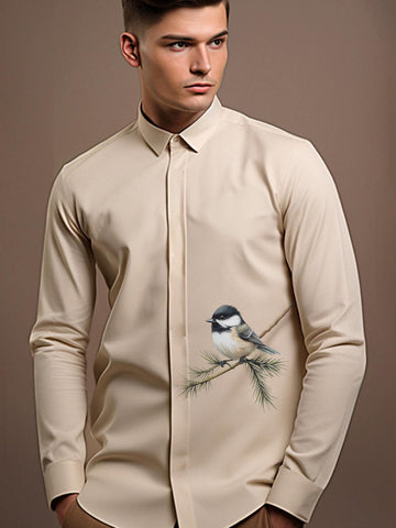 Cream Printed Casual Designer Shirt For Men by HE SPOKE