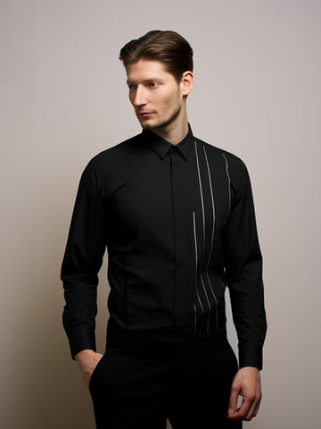 Black Geometric Cord Formal Designer Shirt For Men by HE SPOKE