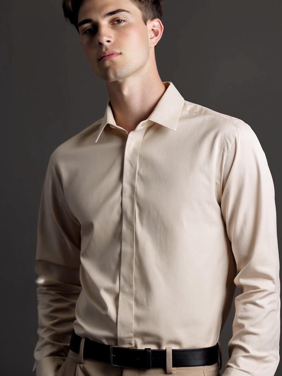 Cream Solid Formal Designer Shirt For Men by HE SPOKE