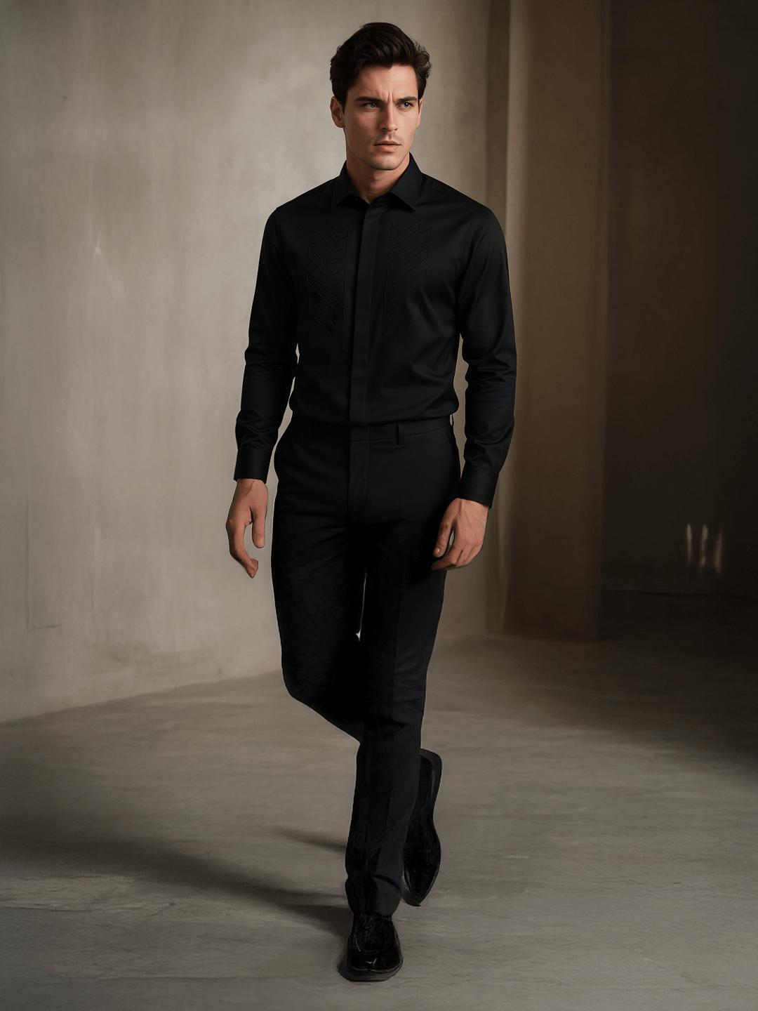 Black Geometric Embroidered Party Designer Shirt For Men by HE SPOKE