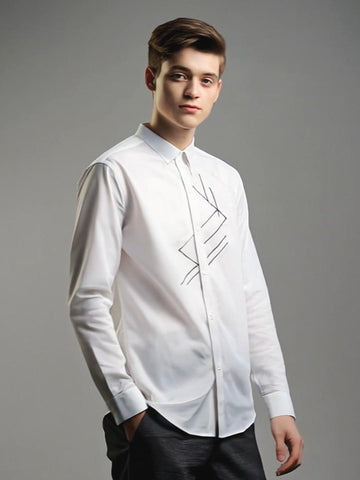 White Geometric Embroidered Casual Designer Shirt For Men by HE SPOKE